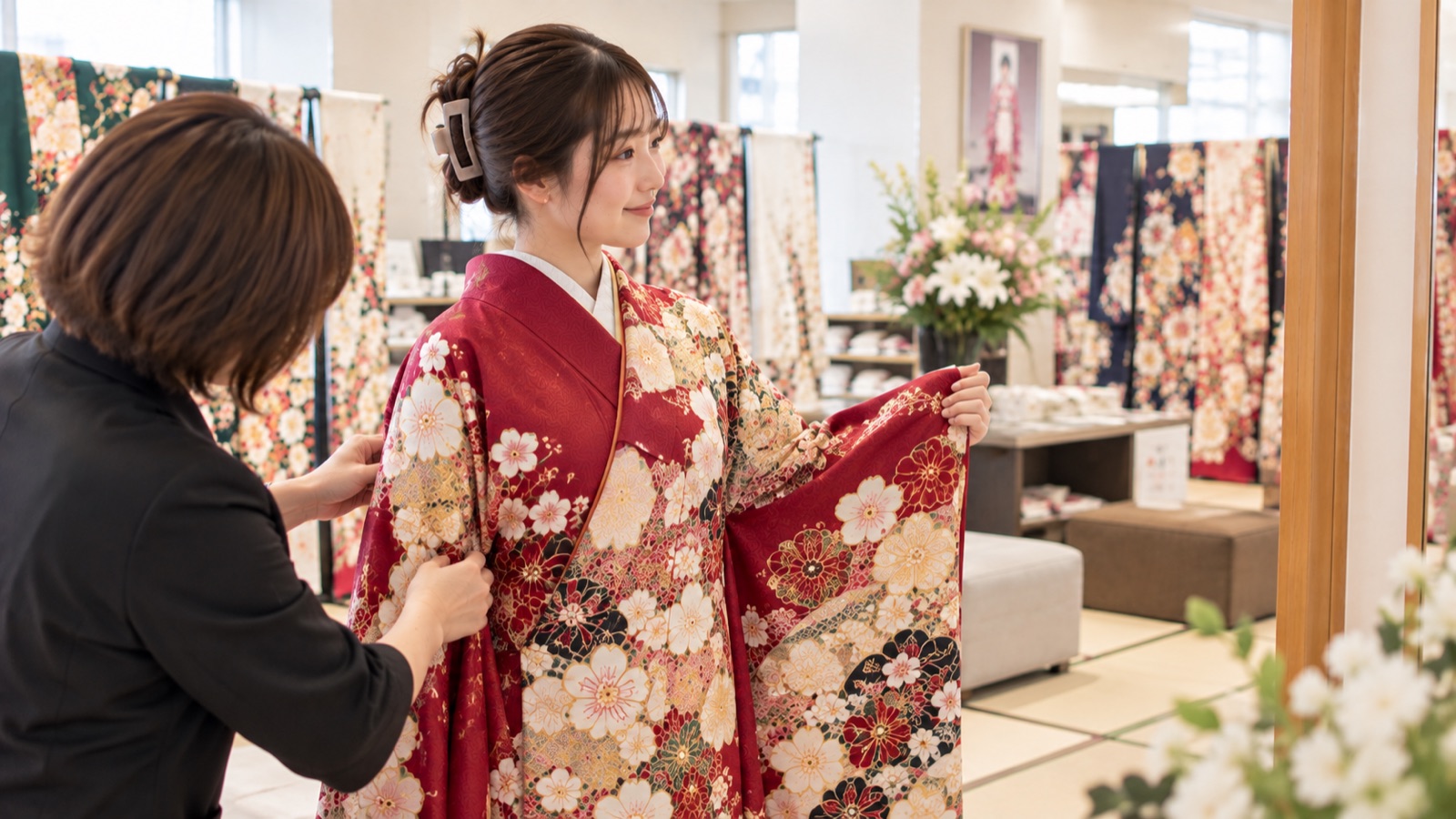 振袖店で赤い振袖を試着し似合う色を確かめるお嬢様