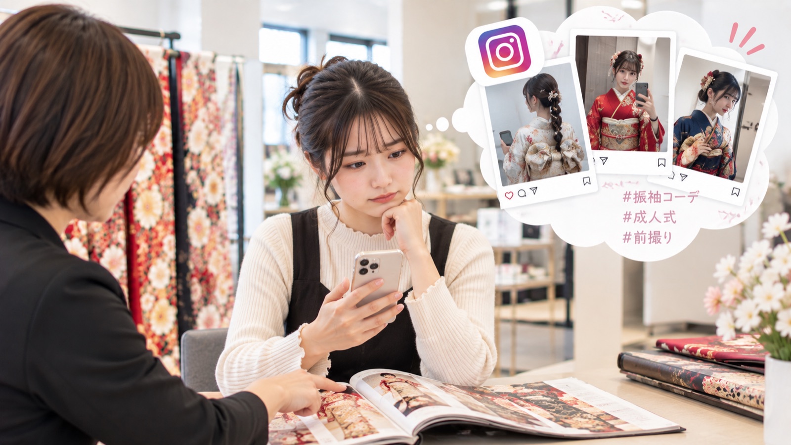 Instagramの振袖画像を見ながら好みを整理するお嬢様