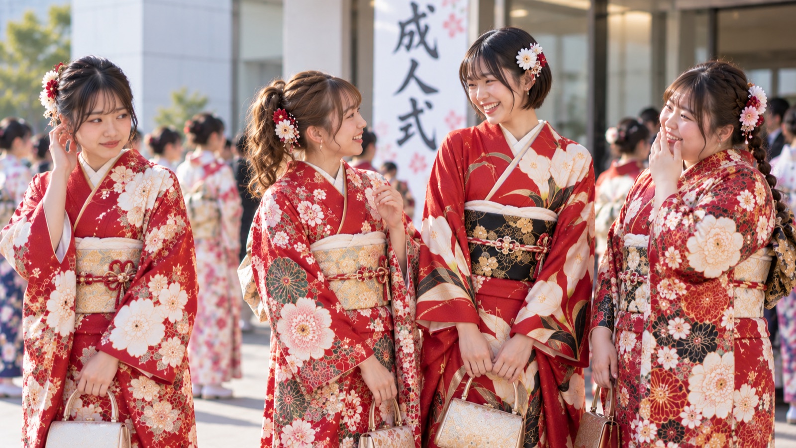 成人式で異なる柄の赤い振袖を着た友人同士