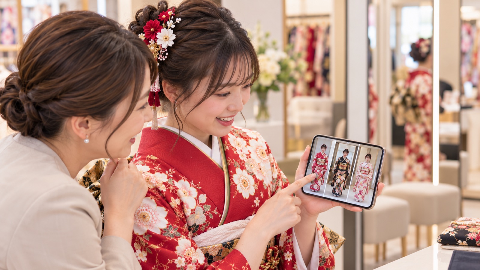 試着した3着の振袖写真を母娘でスマートフォン比較