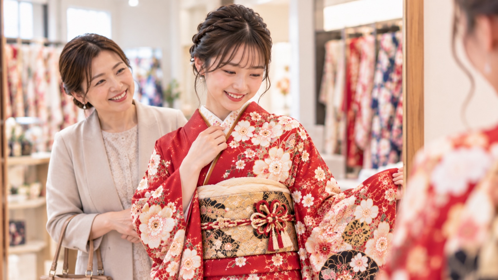 お気に入りの赤い振袖を試着し笑顔になるお嬢様と母親