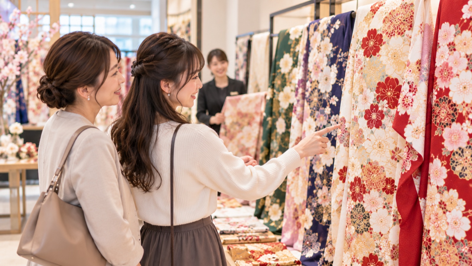 母娘で色柄の異なる振袖を見比べるふじもと呉服店の店内