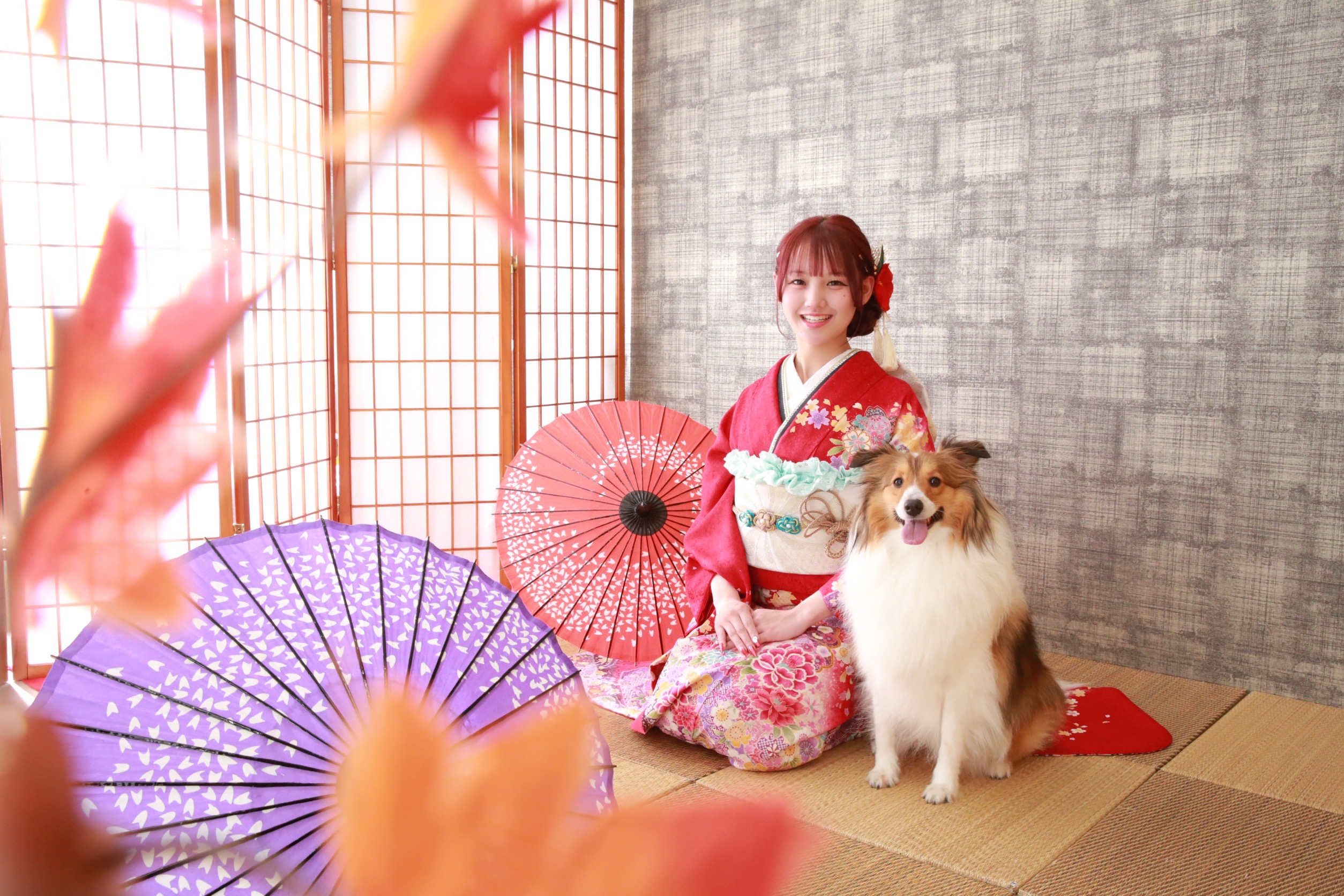 赤い振袖姿のお嬢様と愛犬の家族写真
