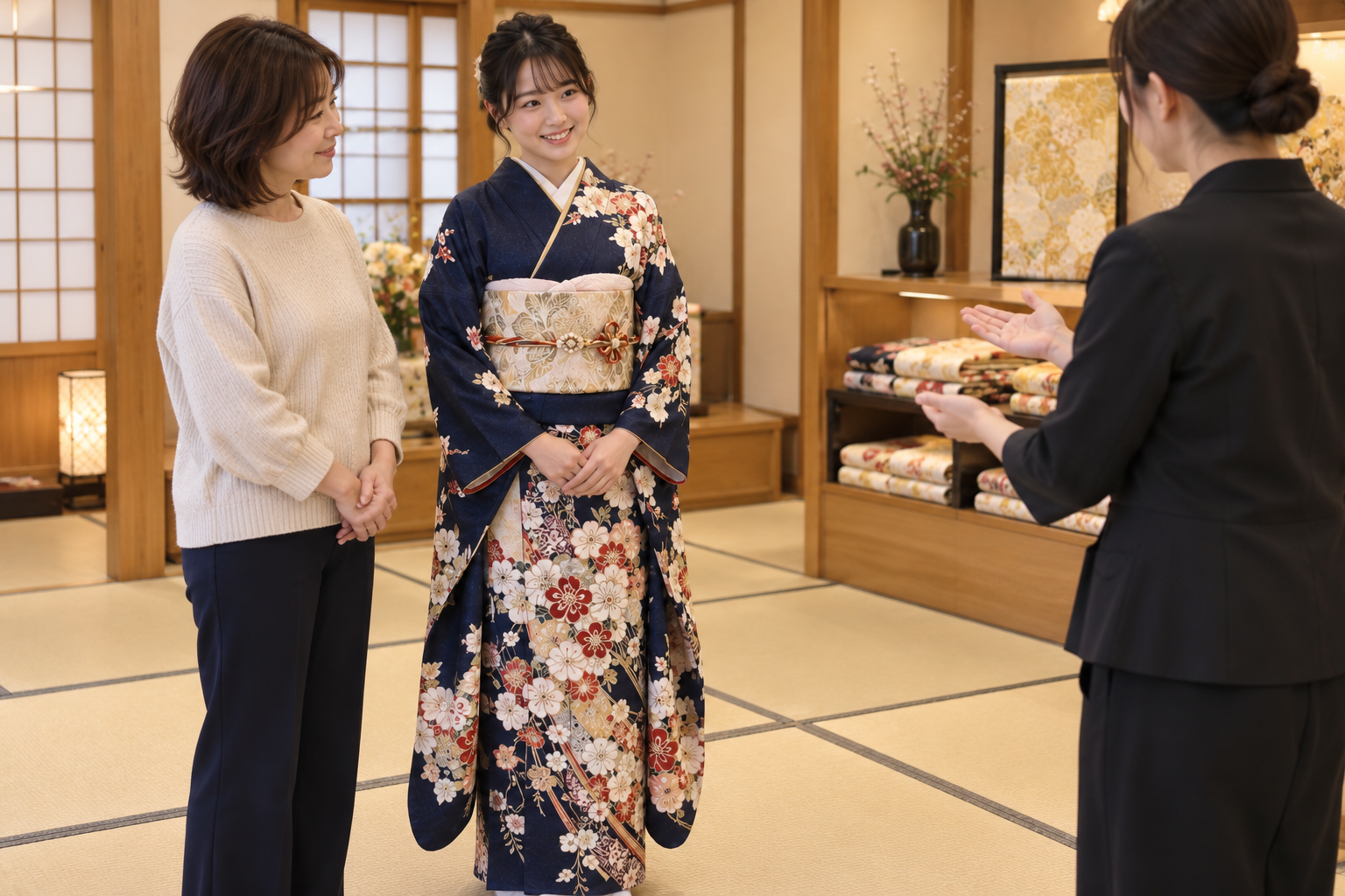 振袖選びで母娘がスタッフに相談するイメージ