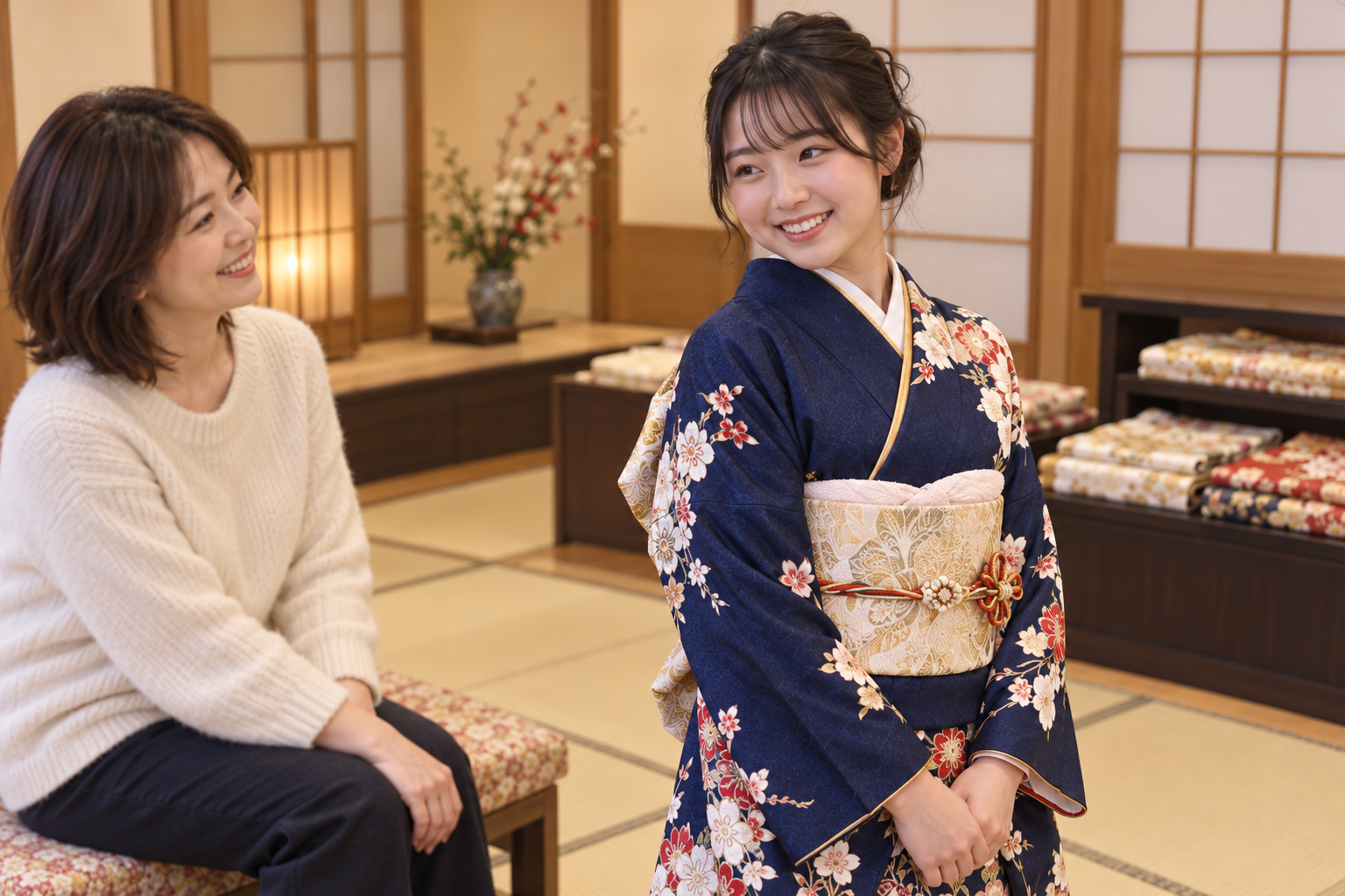 振袖姿の娘が母を振り返り笑顔になるイメージ