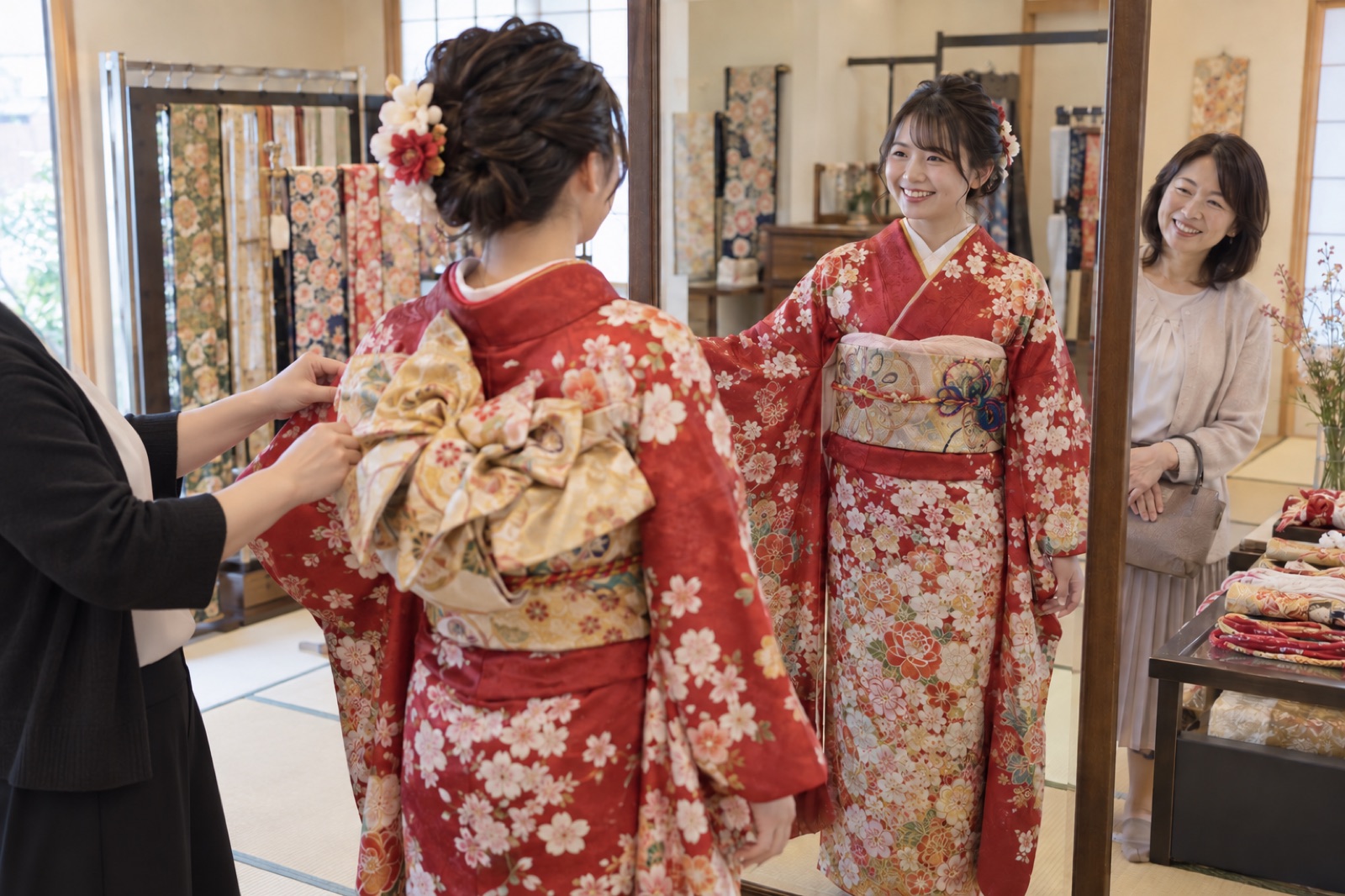 顔を写さないモノクロのオフィスカジュアル姿のスタッフがママ振袖をコーディネート