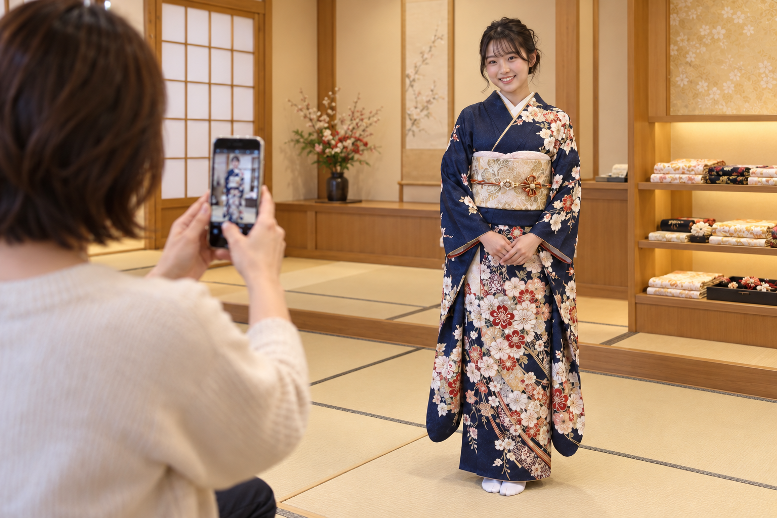 Mother photographing daughter in a navy furisode
