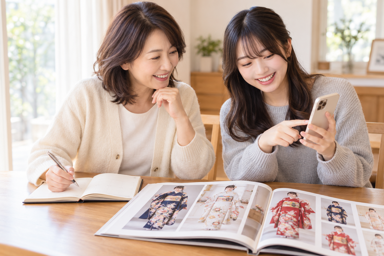 私服の母娘がテーブルの振袖カタログを見ながらスマートフォンと手帳を使って試着の予定を相談するイメージ