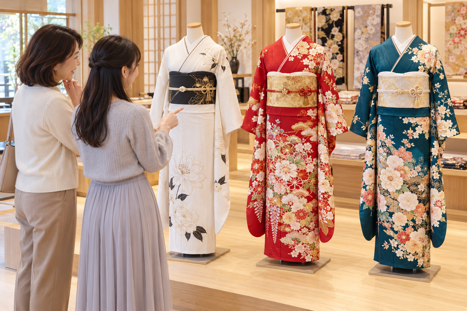 白のシンプルな振袖、赤の華やかな古典柄、青緑の提案振袖を着せた3体のマネキンを私服の母娘が見比べるイメージ