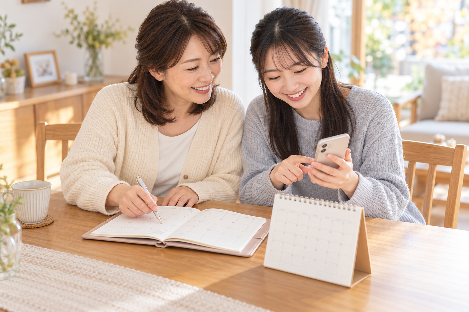 私服の母娘がスケジュール帳、卓上カレンダー、スマートフォンで振袖試着の日程を相談するイメージ