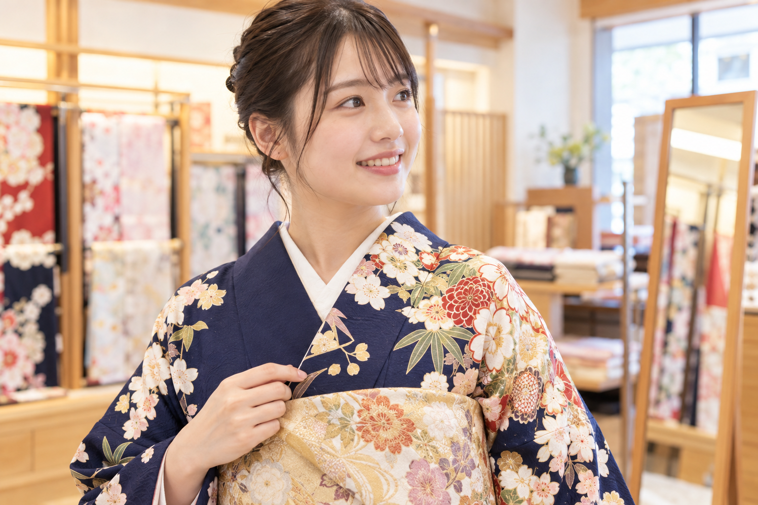 振袖試着で顔まわりと衿元が分かる上半身写真