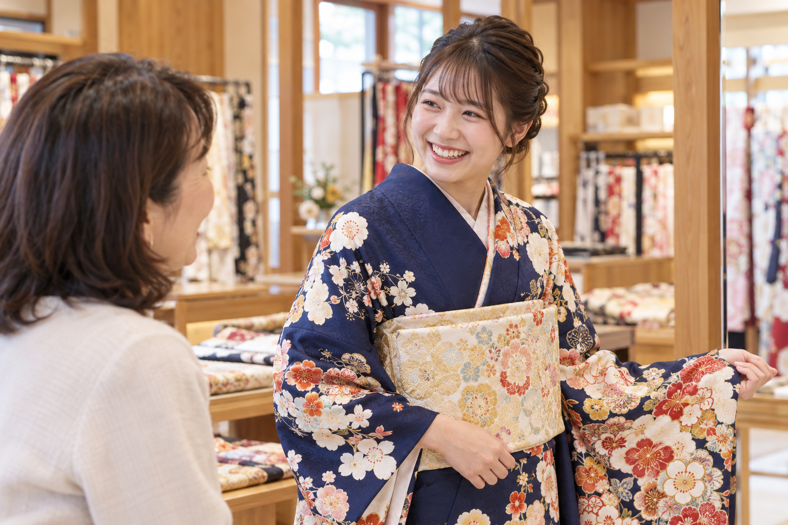 振袖試着で母親と話して自然に笑う娘